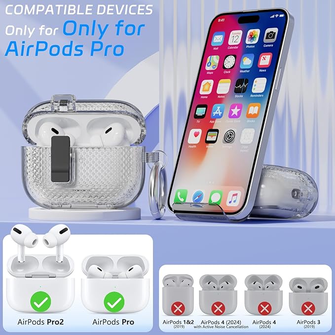 for AirPods Pro 2 Case with Phone Stand & Secure Lock, Auto-Open Clear Cover Compatible with Apple AirPods Pro 2nd/1st Gen (2023,2022,2019) with Cleaning Kit & Keychain (W-Black)