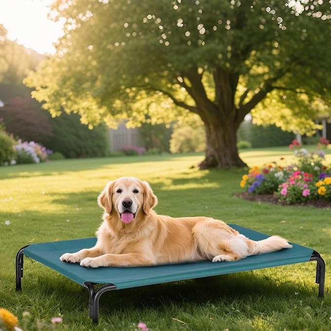 Elevated Dog Bed for Outdoor, Extra Large Raised Dog Cot with Washable Mesh, Cooling Pet Cot Chew Proof for Outside Camping, 47 inch Green