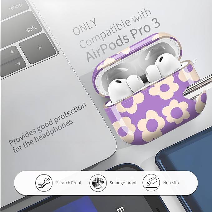 Compatible with AirPods Pro 3 (2025) Case, Airpod Pro 3 Protective Cover with Cute Golden Keychain for Girls & Women (Cute Groovy Purple Flower)