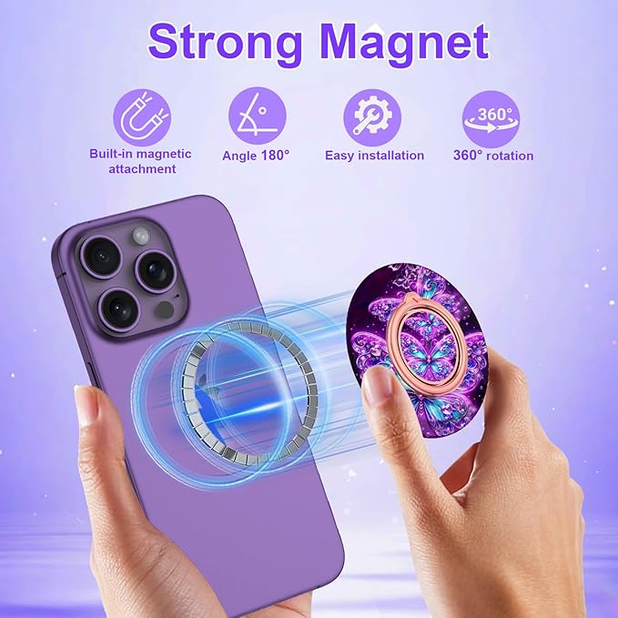 Magnetic Phone Ring Holder for MagSafe Grip,[Super Magnet],Stylish 360° Rotation Cell Phone Grip Stand Finger Ring Kickstand for iPhone 17 16 15 14 Pro Max,iPad and Smartphones,Purple
