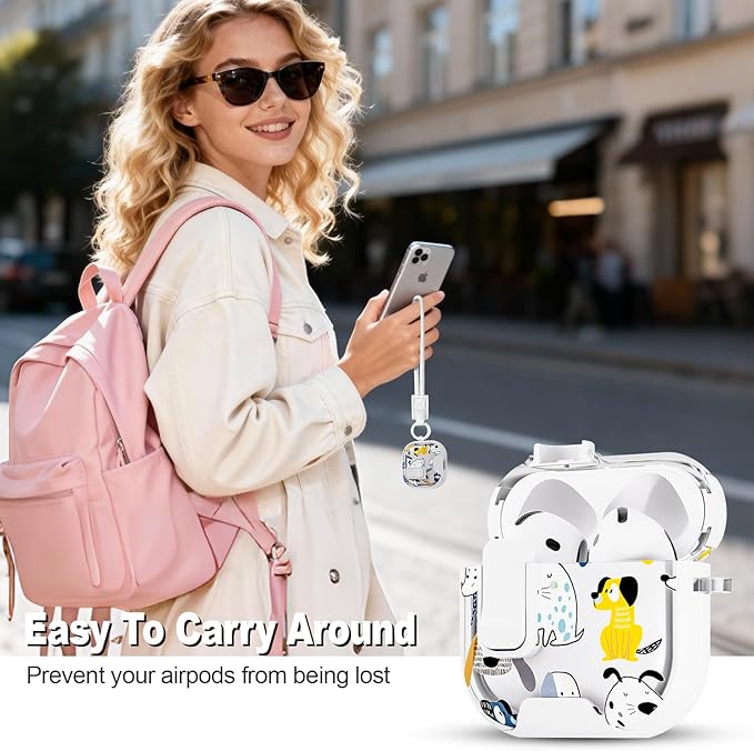 for AirPods 4 Case with Secure Lock Clip in Phone Stand,Floral Girly Style Protective Cover with Cleaning Kit and Hand Strap for Apple AirPod 4 Generation (White Dog)