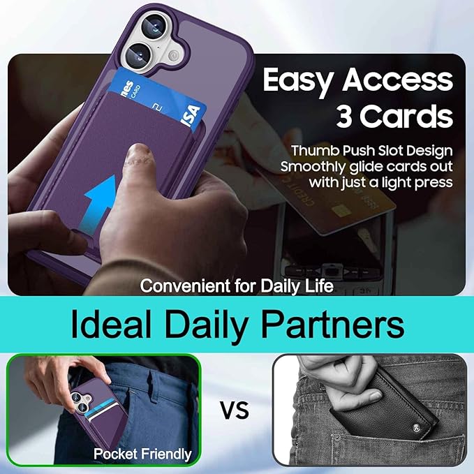 Magnetic for iPhone 16 Case with Detachable Wallet, Compatible with MagSafe, Credit Card Holder with Slim Shockproof Protective Phone Cover, Purple
