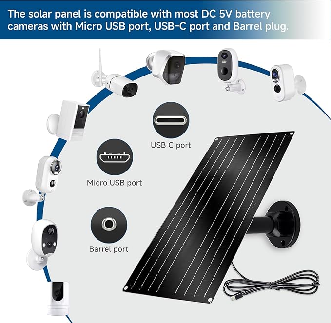 12W Solar Panel for Security Camera, 5V USB-C Solar Charger with Micro USB & Barrel Adapters, Outdoor Weatherproof for Continuous Home and Property Monitoring (1)