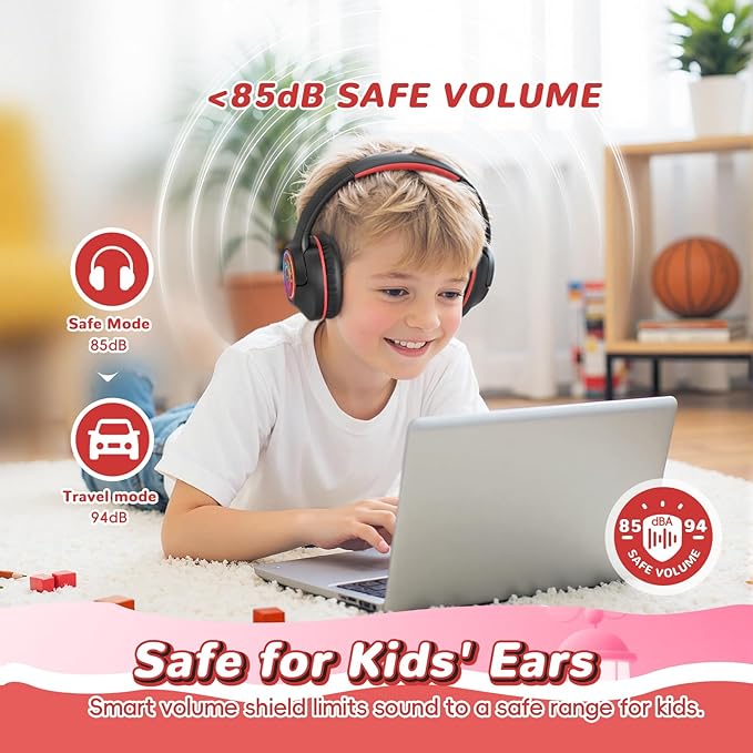 Kids Bluetooth Headphones, 85H Playtime Wireless Headphones for Kids, Colorful LED Lights, 85/94dB Safe Volume Limit, Bluetooth 5.4 Built-in Mic Toddler Headset for Tablet/Airplane/Travel (Black）