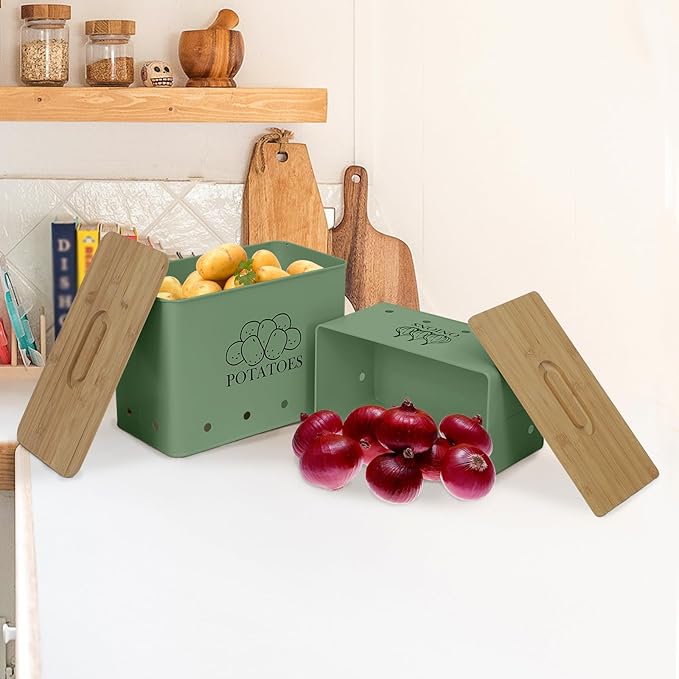 Potato Onion Kitchen Storage Canisters,Storage Bin For Kitchen 2 Pack Set,potatoe, Potato Storage Box，storage And Long Shelf Life With Aerating Tin Storage Holes-Green