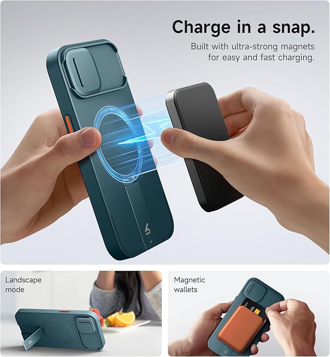 SURITCH for iPhone 15 Case with Magnetic Camera Slide Cover and Adjustable Kickstand, Compatible with MagSafe, Shockproof Bumper Case Slim Protective Cover 6.1 Inch, Lake Green