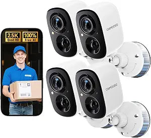 2.5K Wireless Home Security Cameras 4-Pack, Outdoor WiFi Free AI Person Detection, 4MP Color Night Vision, Full Duplex 2-Way Audio, IP66 Waterproof Battery Powered, U.S. AWS Cloud