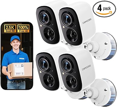 2.5K Wireless Home Security Cameras 4-Pack, Outdoor WiFi Free AI Person Detection, 4MP Color Night Vision, Full Duplex 2-Way Audio, IP66 Waterproof Battery Powered, U.S. AWS Cloud