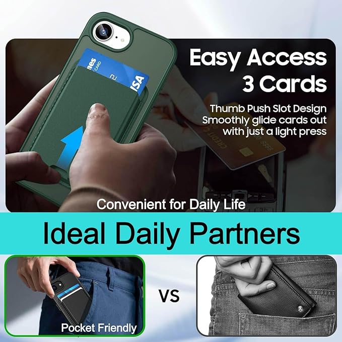 Magnetic for iPhone 17e Case & iPhone 16e Case with Detachable Wallet, Compatible with MagSafe, Military Protective Slim Phone Cover with Card Holder, Green