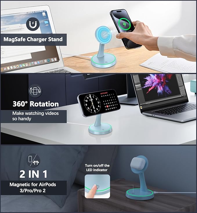 Magnetic Wireless Charger Stand 15W Fast Mag-Safe Charger for iPhone 17 /17 pro/ 17 Air/ 17 pro max 16/15/14/13/12 Series Magnet Wireless Charging Station/Pad with Sleep-Friendly Light for AirPods