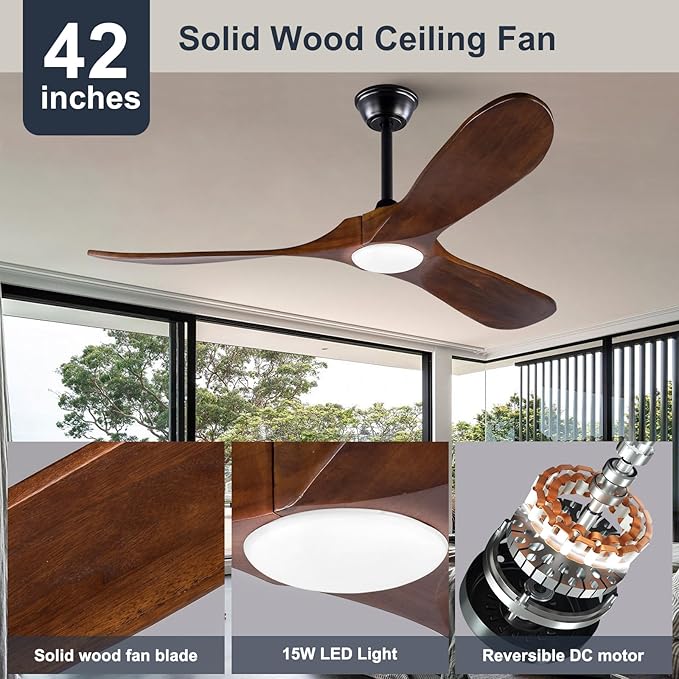 42 Inch Ceiling Fan with Lights, 42 Inch Wood Ceiling Fans with Remote Control, 3 Blades Reversible Quiet DC Motor Ceiling Fan, Indoor Outdoor for Living Room Bedroom Study