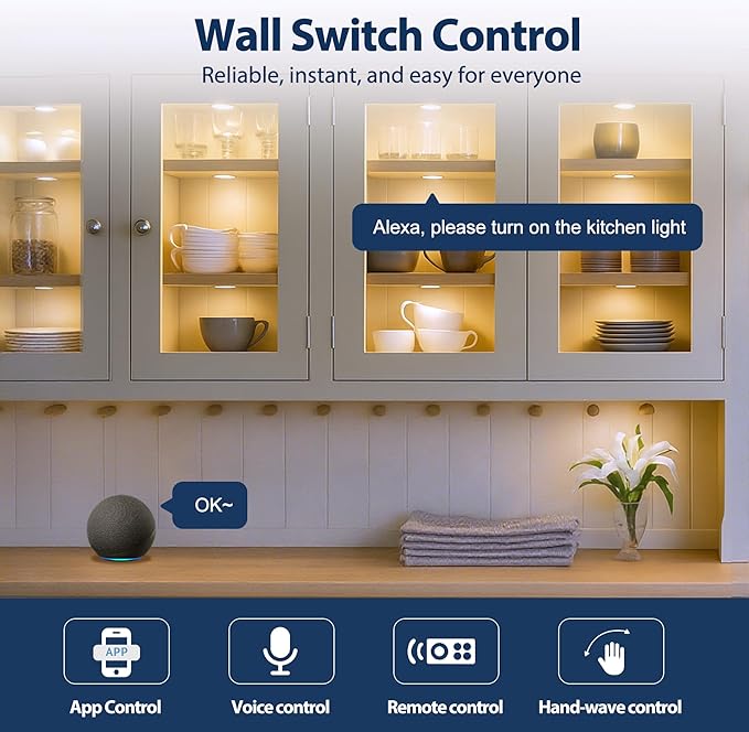 LED Puck Lights, Smart Under Cabinet Lighting with Remote Control, Color Temperature Adjustable, Works with Alexa & Google Home, Plug-in Lights for Kitchen, Counter, Closet, Shelf (8 Pack)