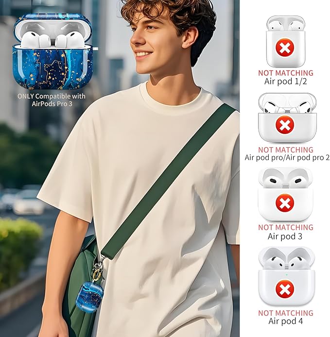 Compatible with AirPods Pro 3 (2025) Case, Airpod Pro 3 Protective Cover with Cute Golden Keychain for Girls & Women (Cute Blue Flower)