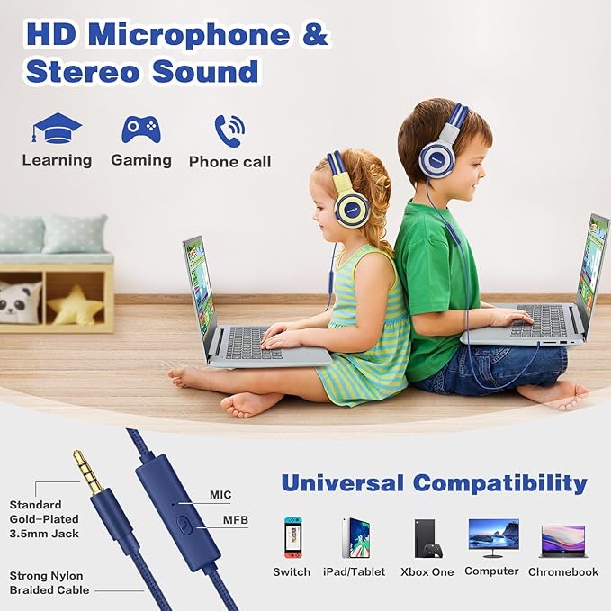 SIMOLIO Kids Headphones with Microphone, 75dB-85dB-94dB Volume Limited Children Headphone with Share Port, On-Ear Wired Headset for PC, Tablet, Airplane Travel(Yellow)
