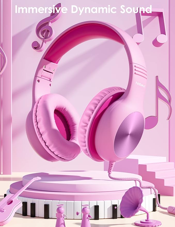 Kids Headphones with Microphone, Over-Ear Headphones for Kids with Sharing Function, 85dB/94dB Safe Volume Limit, Wired Headphone for Children, Kid Headset for School, Study, Travel, Pink