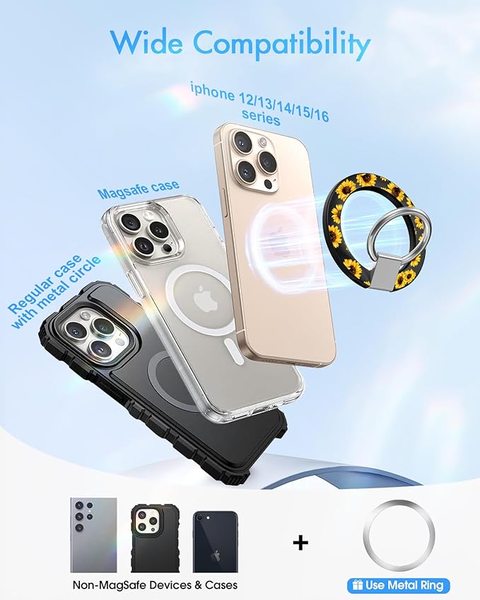 Toycamp Phone Grip Ring Holder Compatible with MagSafe - Magnetic Phone Grip Stand Women Cute Painting Removable Rotatable Magnet Accessories for iPhone 17 Pro Max/16/15/14/13/12 Series, Sunflower