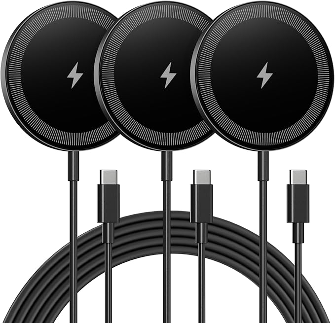 Magnetic Wireless Charger Charging Pad: 15W Qi Fast Portable Slim Charger Puck for iPhone 17e 17 Air 17 Pro Max 16 15 14 13 12 Series S26 & AirPods 4 3 2 Pro - Include USB-C/A Dual Ports (3Pack Black)