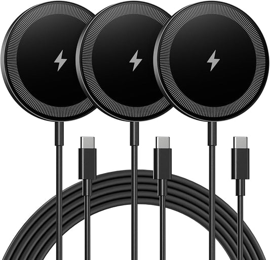Magnetic Wireless Charger Charging Pad: 15W Qi Fast Portable Slim Charger Puck for iPhone 17e 17 Air 17 Pro Max 16 15 14 13 12 Series S26 & AirPods 4 3 2 Pro - Include USB-C/A Dual Ports (3Pack Black)