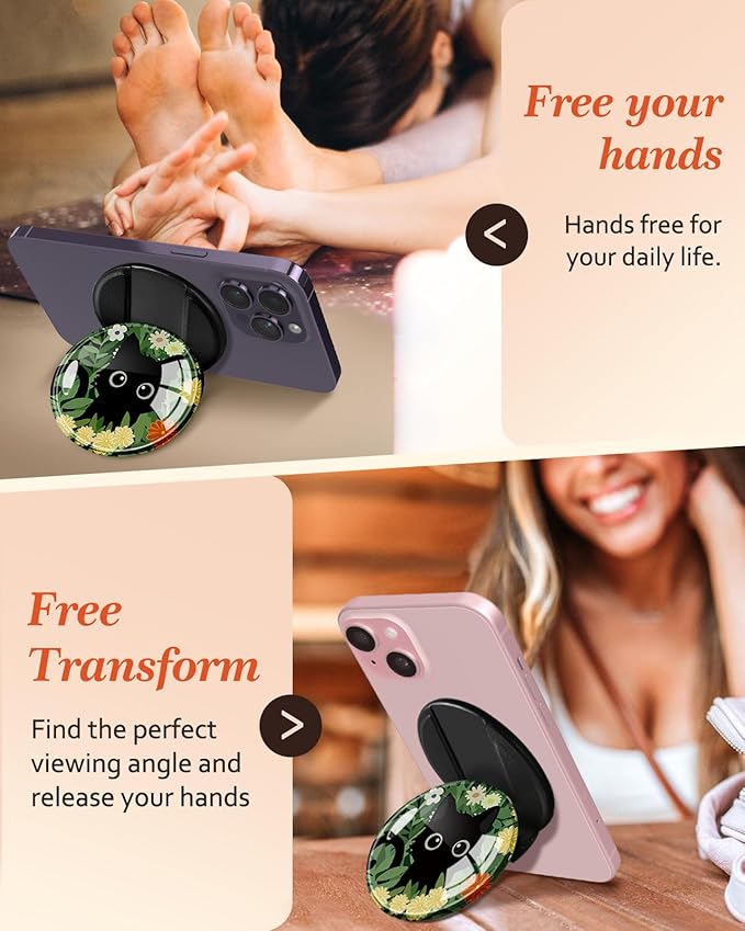 Kidcube Magnetic Phone Grip Compatible with Magsafe - Cell Phone Grip Stand Ring Holder Magnet Kickstand Removable Accessories for iPhone 16 Pro Max/16/15/14/13/12 Series Cute Kawaii Flowers Cat