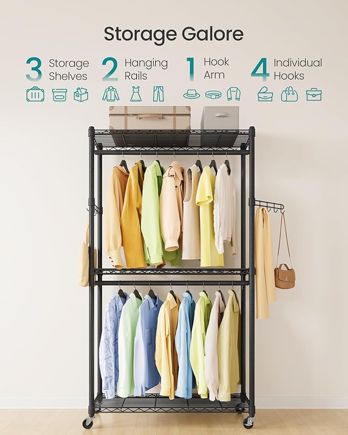 SONGMICS Heavy-Duty Rolling Clothes Rack, Garment Rack, Portable Closet, 35.4-Inch Wide Clothing Rack on Wheels, with Adjustable Mesh Shelves and Hanging Rails, Hooks, Ink Black ULGR413B01