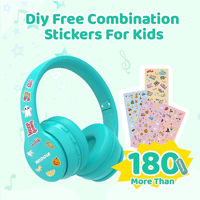 MIDOLA Kids Headphones Bluetooth 5.4 Wireless 68H Play Time Volume Limit 85/94dB Over-Ear Foldable Headset,Type-C Fast Charging,Wired Aux Mic for Toddler Child Pad Tablet Cyan