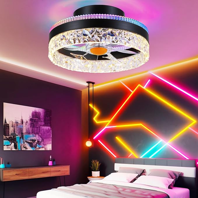 RGB Ceiling Fans with Lights Flush Mount - 13" Bladeless Small Fan Light with 6 Speeds, Reversible Motor, Modern Low Profile Ceiling Fan Light for Bedroom, Small Space, Party