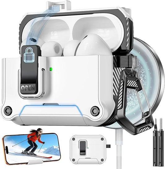 for AirPods Pro 3 Case with Lock,Automatic Snap Switch Design with Phone Stand，Accessories with Cleaning Pen/Keychain/Tool,Compatible with Magsafe (White, AirPods Pro 3rd (2025))