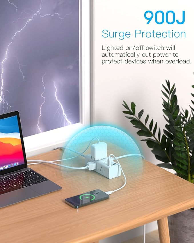 Power Strip Surge Protector - 6 Widely Outlets with 4 USB Ports (2 USB C), 3-Side Outlet Extender Strip, 6 Ft Extension Cord Flat Plug, Wall Mount Small Power Strip for Travel Home Office College Dorm