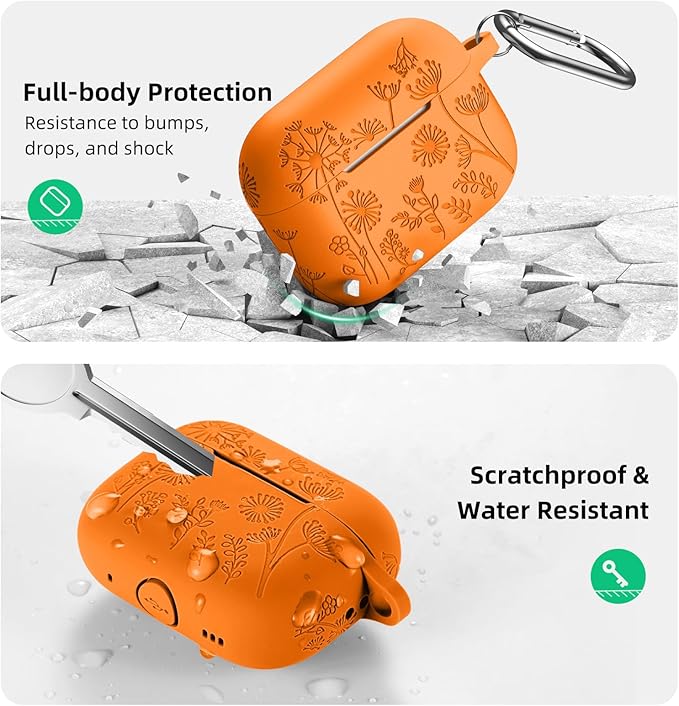 Lerobo Flower Engraved Cover for Airpod Pro 2/Pro Case Cover, Cute Soft Silicone Skin Full Protective case for Airpods Pro 2nd Generation/1st Generation with Keychain Orange