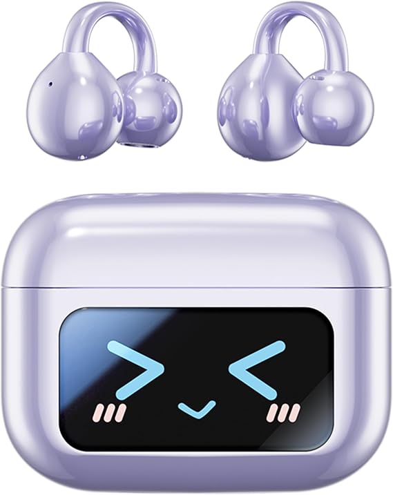Open Ear Clip Headphones Wireless Earbuds Bluetooth 5.4 Sports Earphones with Wireless LED Touch Screen Waterproof in Ear Earphones for Pad Tablet Laptop Android/iOS Phones (Purple)