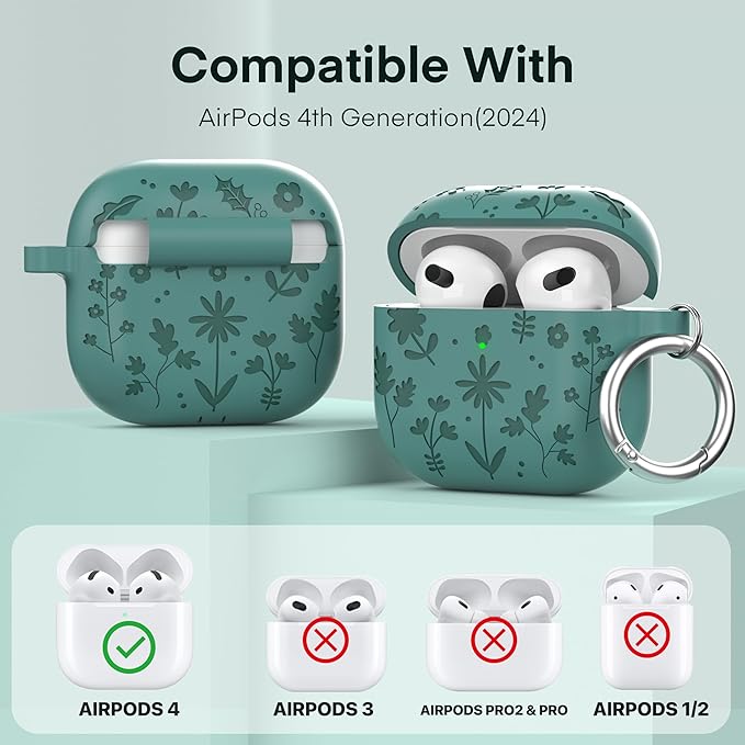 Maxjoy for AirPods 4 Case, Engraved Silicone Cute AirPod 4 Case for Women Men Protective iPod 4 Cover with Keychain Cleaning Kit for AirPod 4th Generation Cover 2024, Pine Green