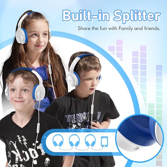 Kids Headphones with Cord-3.5mm Jack 85/94dB Safe Volume Control Built-in Microphone On-Ear Headphones for Kids/Teens/School/Travel/3.5mm Devices(White)