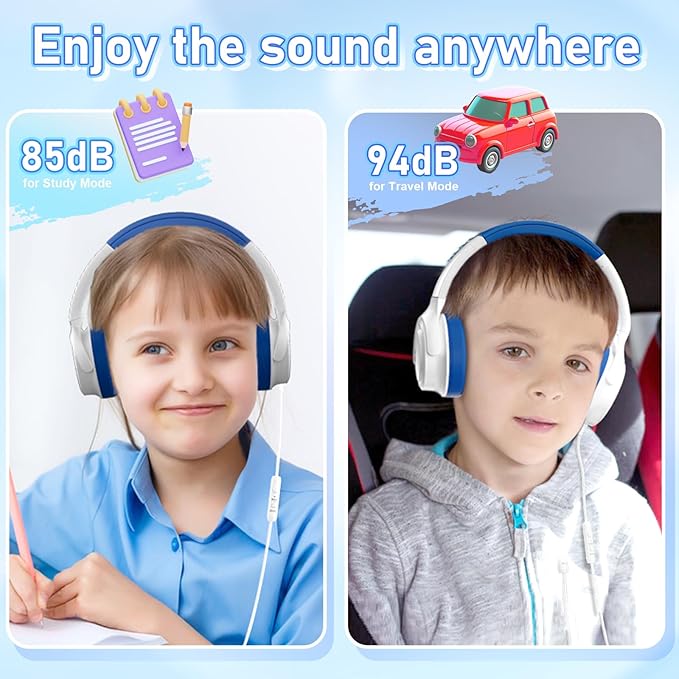 Kids Headphones with Cord-3.5mm Jack 85/94dB Safe Volume Control Built-in Microphone On-Ear Headphones for Kids/Teens/School/Travel/3.5mm Devices(White)