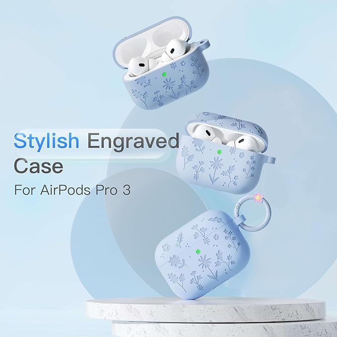 for AirPods Pro 3 Case (2025) DamonLight Floral Engraved Shockproof Protective Soft Silicone Case Cover with Cleaning Pen and Floral Keychain for Apple Airpods Pro 3rd Generation (Blue)