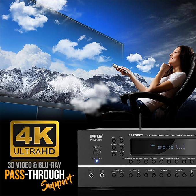 Pyle 7.1-Channel Hi-Fi Bluetooth Stereo Amplifier - 2000 Watt AV Home Theater Speaker Subwoofer Surround Sound Receiver w/ Radio, USB, RCA, HDMI, MIC IN, Supports 4K HD TV's, 3D - Pyle PT796BT