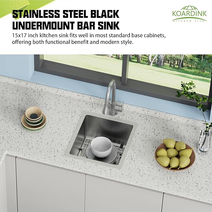 15x17In Undermount Kitchen And Bar Sink- Stainless Steel Single Bowl Modern Drop In Kitchen&Bar Sink With SS Grid,Silicon Mat,Colander,Drain Strainer Compatibility With Various Kitchen&Bar Style