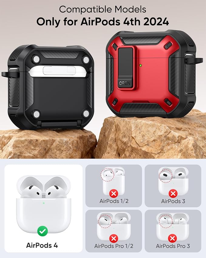 MoKo for AirPods 4 Case with Lock 2024 - Compatible with MagSafe, Phone Stand & Auto Pop-up for AirPods 4th Generation Case, Military-Grade Protective Cover with Cleaner Kit, Red+Black