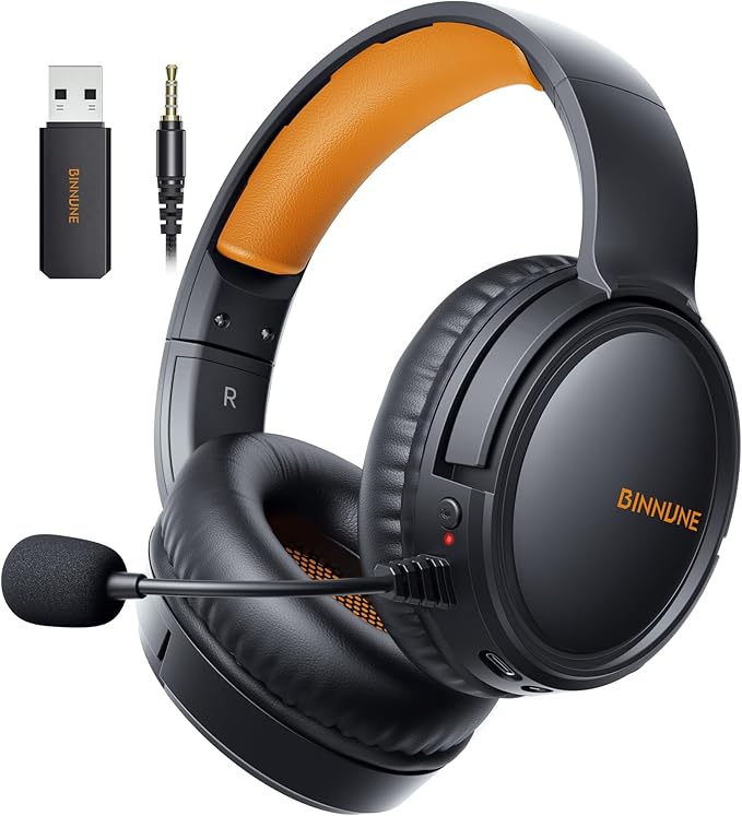 BINNUNE Wireless Gaming Headset — 2.4GHz Low-Latency USB Dongle + Bluetooth, 50mm Drivers 7.1 Surround, Noise-Cancelling Mic, 40H Battery — Over Ear Wireless Headphones for PS5, PC, Laptop, Orange