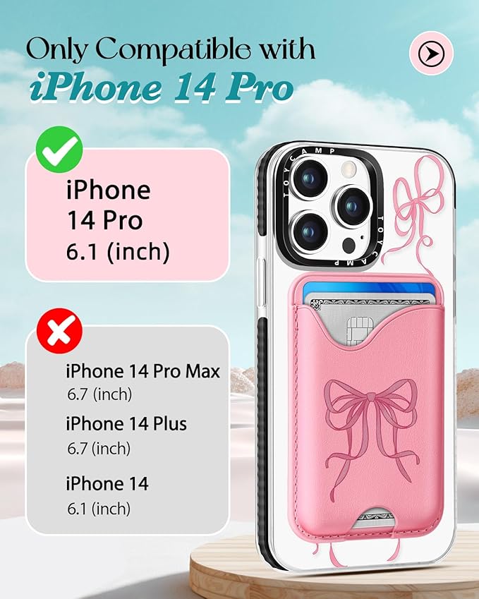 Toycamp for iPhone 14 Pro Case - Compatible with Magsafe Credit Card Holder Wallet Magnetic Cute Women Teen Girls Kawaii Girly Unique Bow Design Phone Cover for iPhone 14 Pro