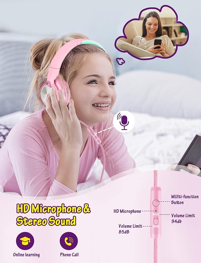 Kids Headphones with Microphone, Wired Over Ear Headsets with Limited Volume 85dB/ 94dB for Boys Girls Teens Children Online School/Travel/iPad/Tablet/Cellphone Pink