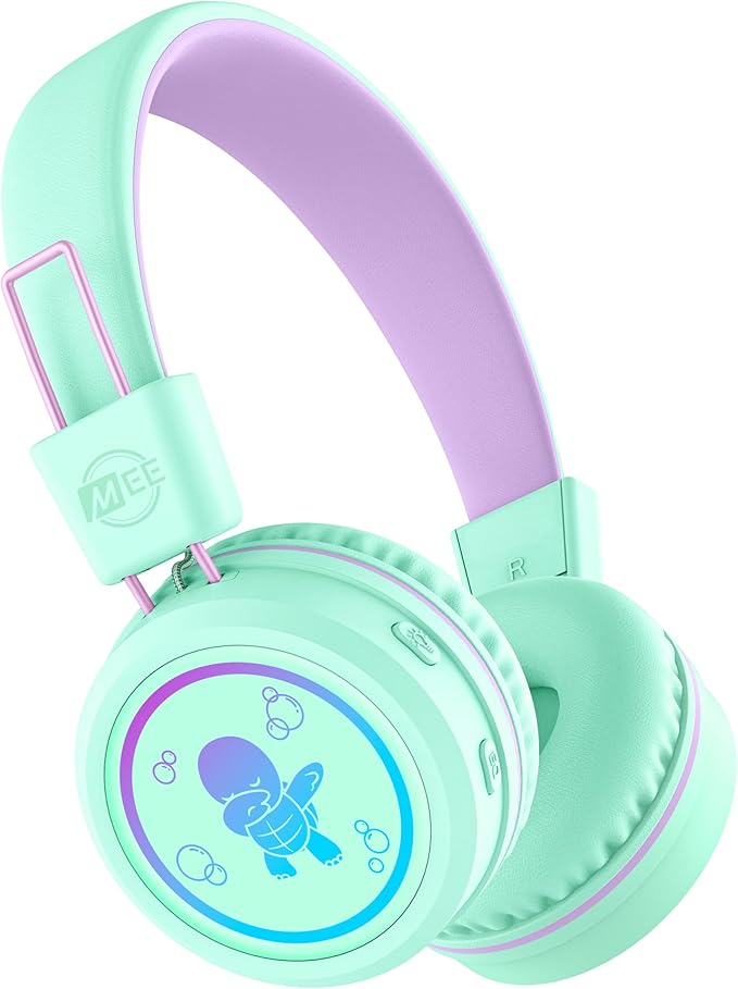 MEE Audio KidJamz KJ55BT Bluetooth Wireless Safe Listening Headphones for Children with LED Lights, 85dB Volume Limiter, Microphone, & 40h Battery; Kids Headset for School/iPhone/iPad/Tablet (Mint)