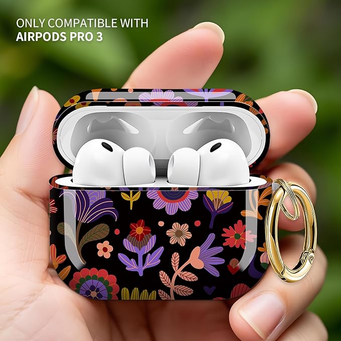 Cute Hard Case Compatible with AirPods Pro 3rd Generation Case (2025), Shockproof Protective Cover with Golden Keychain Ring Clip (Black Flower)