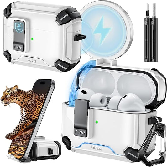 Inesore for AirPods Pro 3 Case (2025) with Phone Stand & Cleaning Kit,Compatible with Magsafe,Magnetic Automatic Lock Cover for AirPods Pro 3rd Generation, White