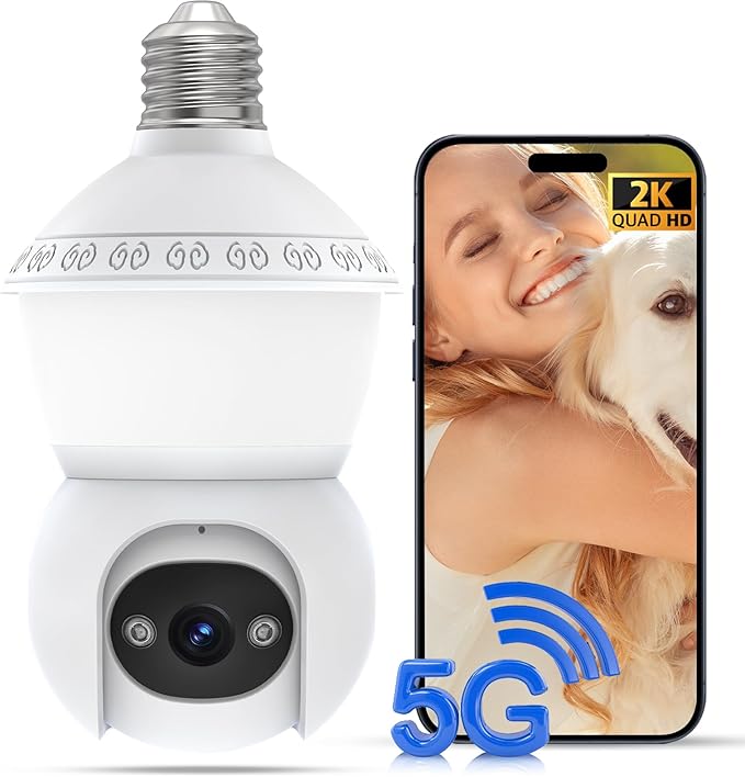 Smart Light Bulb Security Camera,5G& 2.4G WiFi Camera for Home Security,3MP& 360° PTZ Light Bulb Camera Outdoor, Smart Night Vision, AI Human Detection&Alarm, 2-Way Audio, Cloud Storage