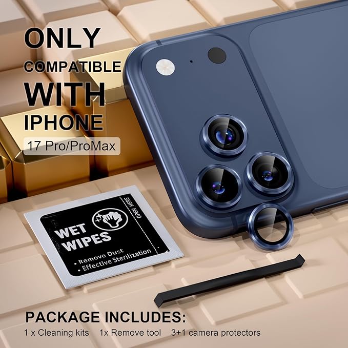 Misea Compatible for iPhone 17 Pro/iPhone 17 Pro Max Camera Lens Protector, Ultra-HD Tempered Glass Camera Cover Screen Protector Metal Individual Ring Protector Decoration Accessories, Blue