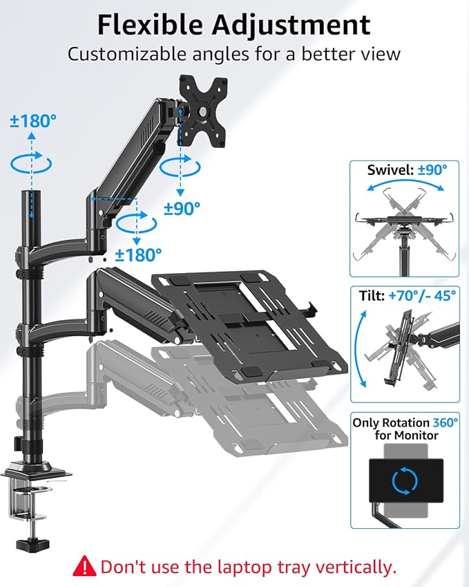 MOUNTUP Laptop and Monitor Desk Mount, Laptop Tray for Max 17" Notebook, Monitors Arm Fits up to 32" Monitor, Laptop Arm Holds 4.4-22lbs, 2-in-1 Tall Laptops Mount with Clamp/Grommet