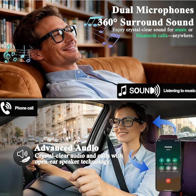 AI Smart Glasses for Men Women Powered by ChatGPT- 164 Languages Translation, Color-Change Lens w/UV & Blue Light Protection, Music &Calls w/Bluetooth 5.4, Al Vioce &Meeting Assistant, Black