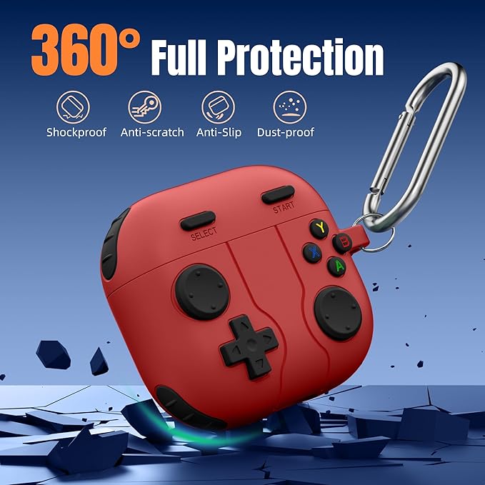Getino for AirPods 4 2024 Case Cover with Cleaner Kit, Keychain,Compatible with Apple Airpods 4 Case Cover, Cute Funny Game Console Shock-Proof Protective Silicone AirPod 4 Case Covers for Men Boy-Red