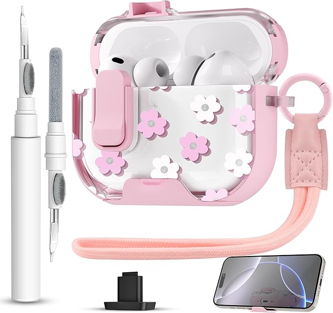 for AirPods Pro 3 Case(2025) with Secure Lock Clip and Phone Stand,Floral Girly Style Protective Cover with Cleaning Kit and Hand Strap for Apple AirPod Pro 3 Generation (Pink Petals)
