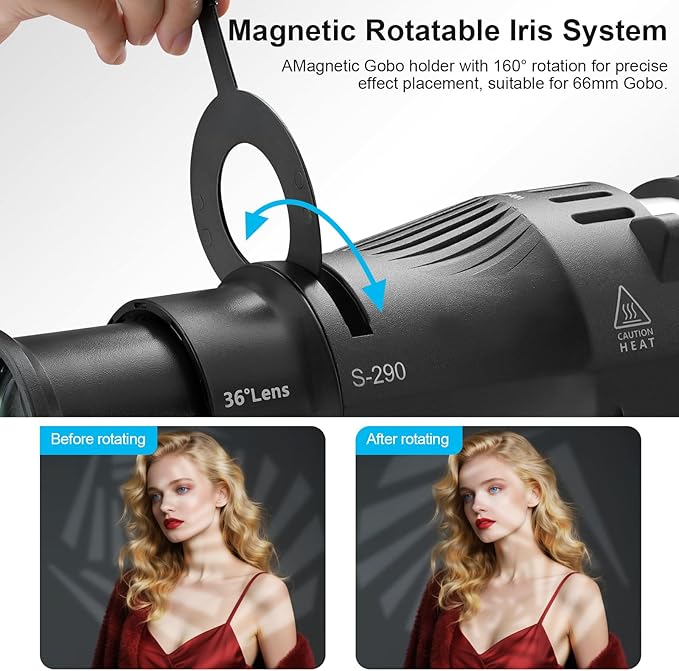 WELLMAKING Profoto Mount Optical Snoot Conical S-290 Kit. Adjustable Focus, 36° Lens, Aperture Modifier, 4 Color Filters, and 12 Gobos; for Photography, LED and Strobe Light, Studio Video Artist